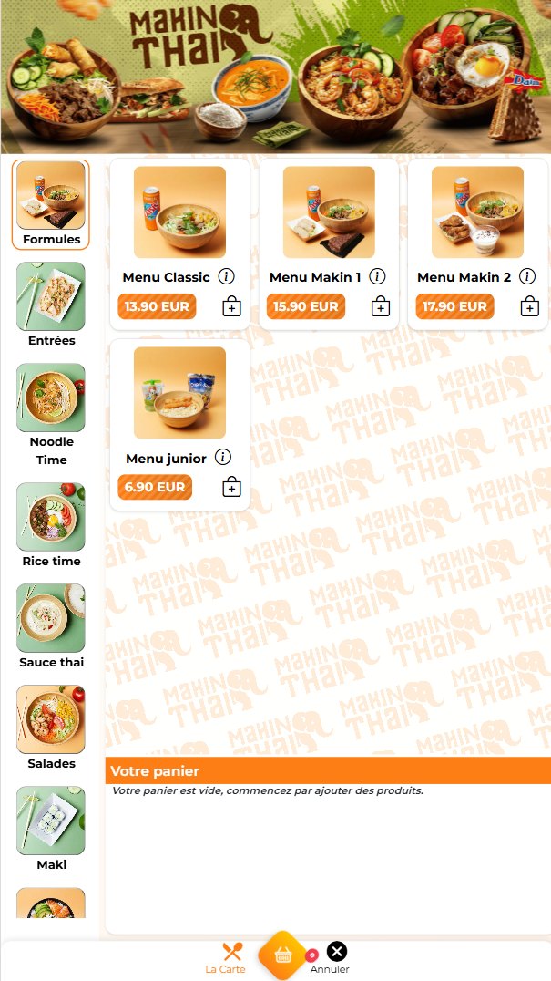 Carte du menu sur la borne : bannière personnalisée, catégories et panier