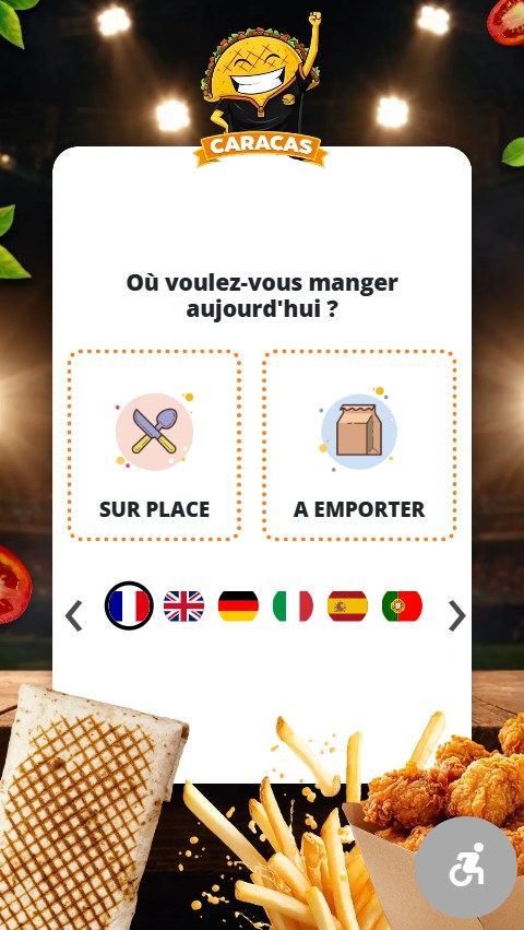 Écran d’accueil d’une borne aux couleurs d’une autre enseigne, avec choix sur place ou à emporter et sélecteur de langue