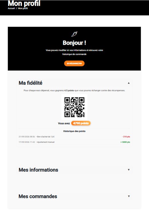 Compte fidélité client avec QR code, solde de points et historique